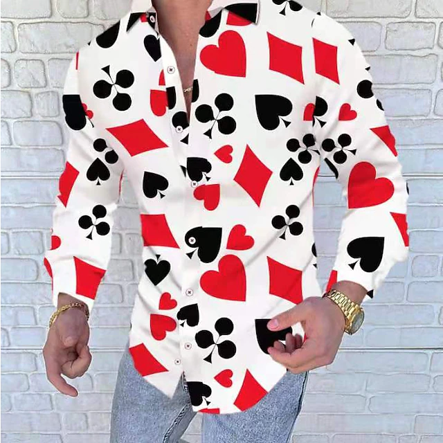 Long sleeve casino theme shirt with red diamond and spade patterns – fun daily outfit