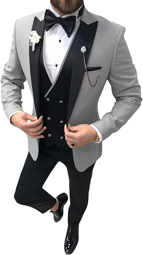 Men's Silver wedding tuxedo 3 piece suit with satin lapel – elegant prom dinner outfit