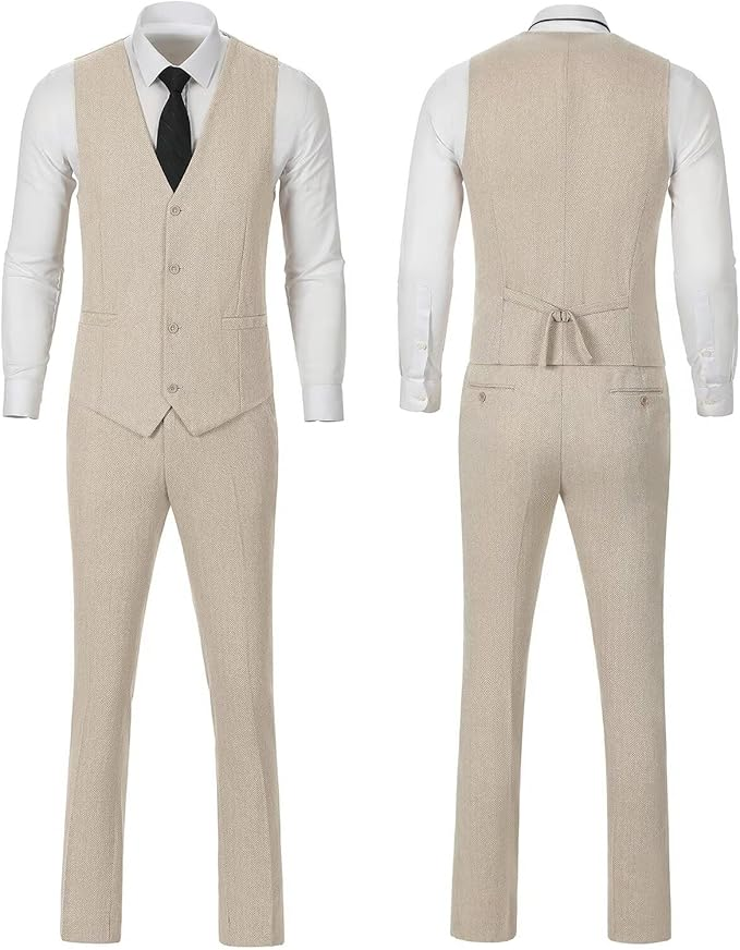 Retro Tweed Herringbone Slim Fit Notch Lapel Tuxedos Set Prom 3 Piece Men's Suit