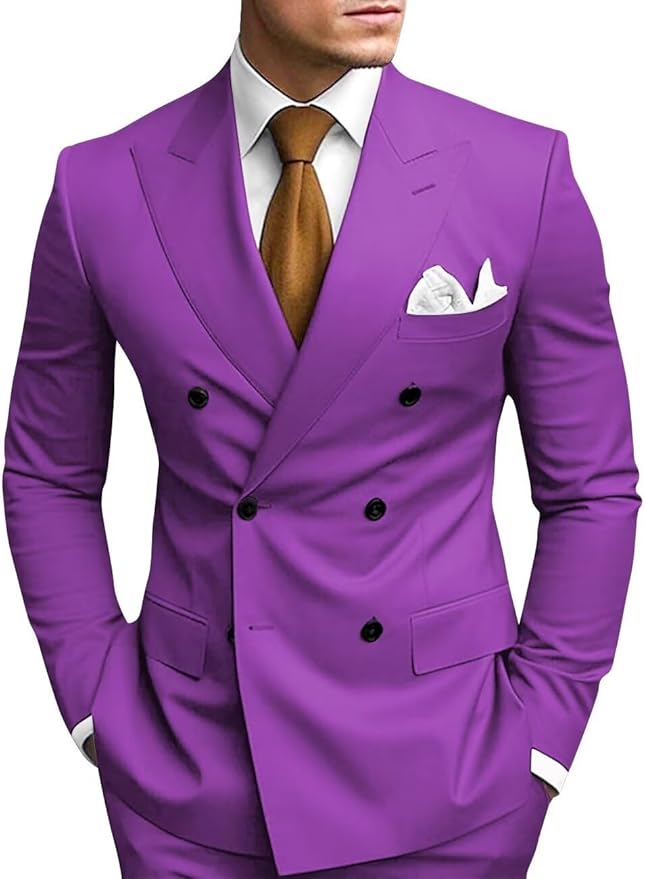 Purple double breasted 2 piece slim fit men’s suit with peak lapel – wedding or business formalwear
