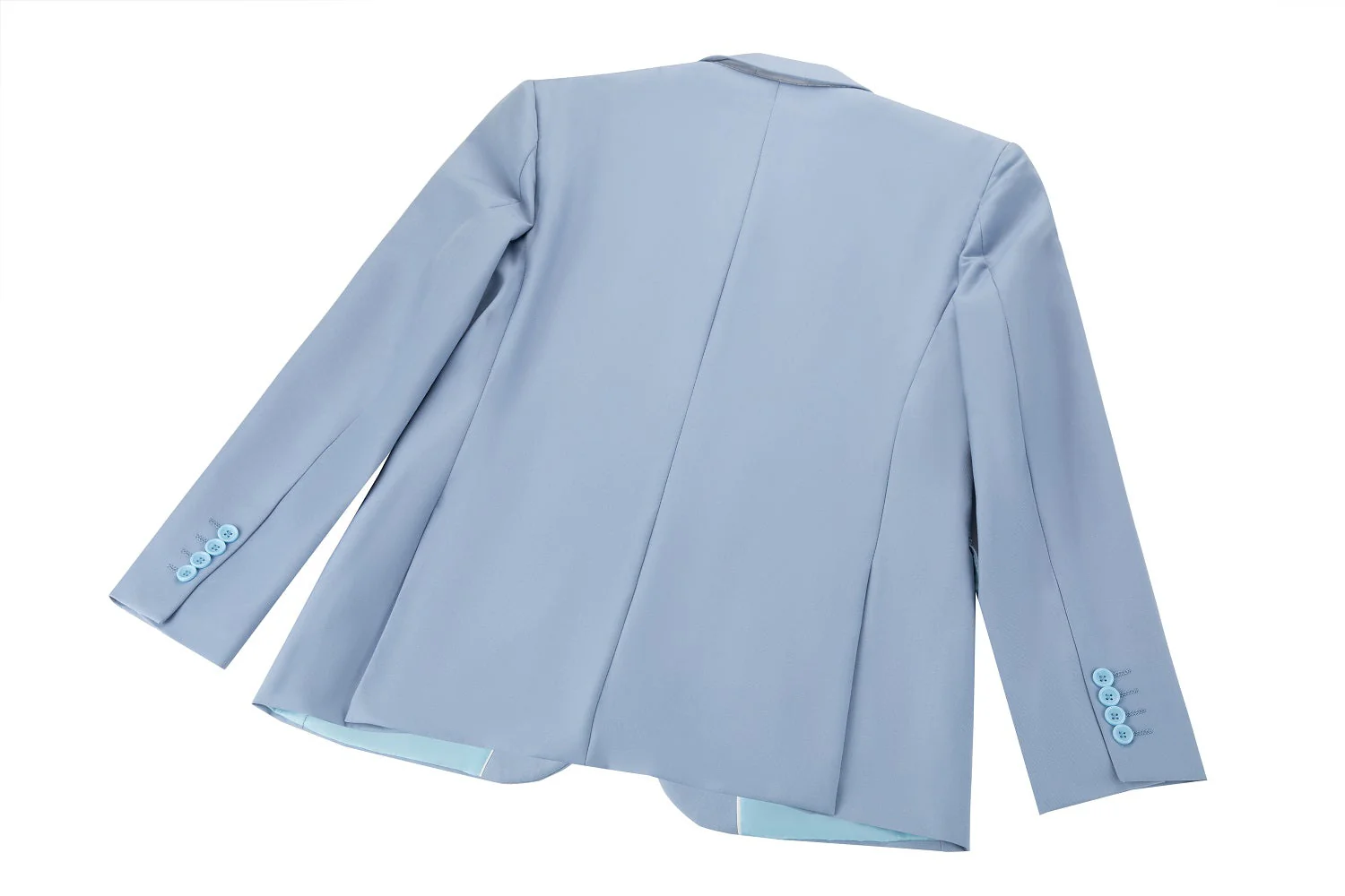 Men's light blue two button blazer back view - slim fit center seam with four blue button cuffs formal jacket