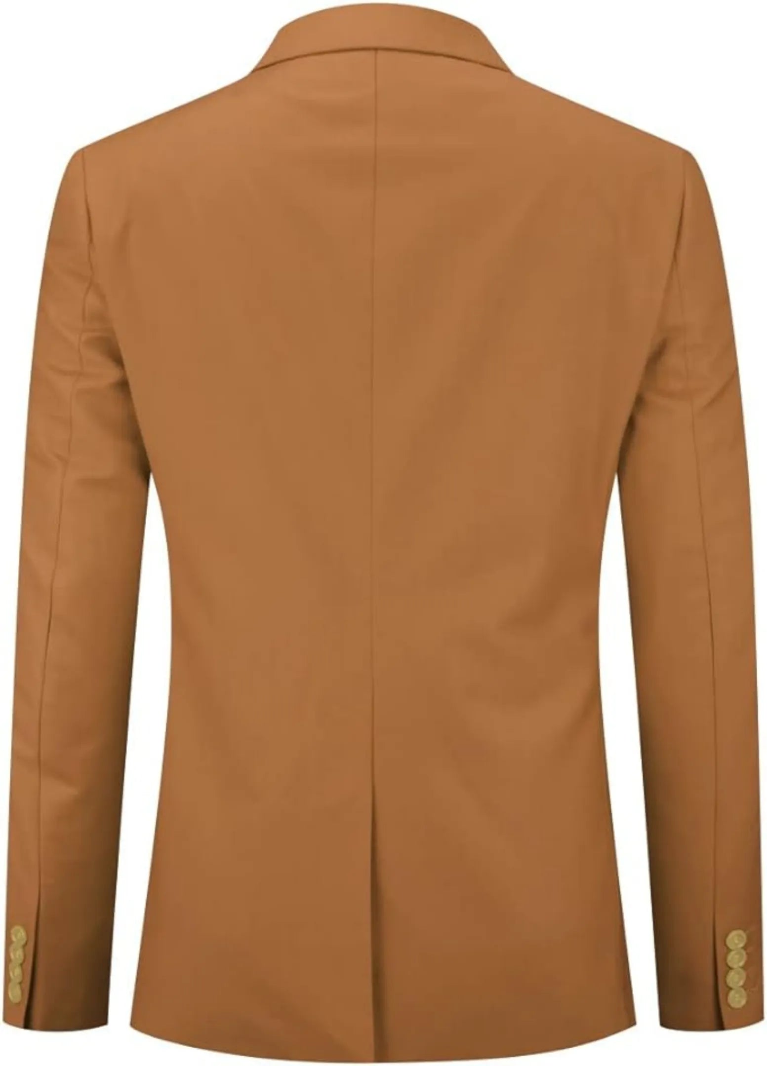 back view of men's caramel single-breasted one button suit blazer, highlighting the clean, smooth lines and tailored fit.