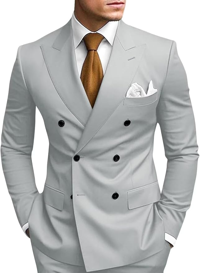 Stylish Silver Grey peak lapel 2 piece suit for men – slim fit formal look with white shirt and tie