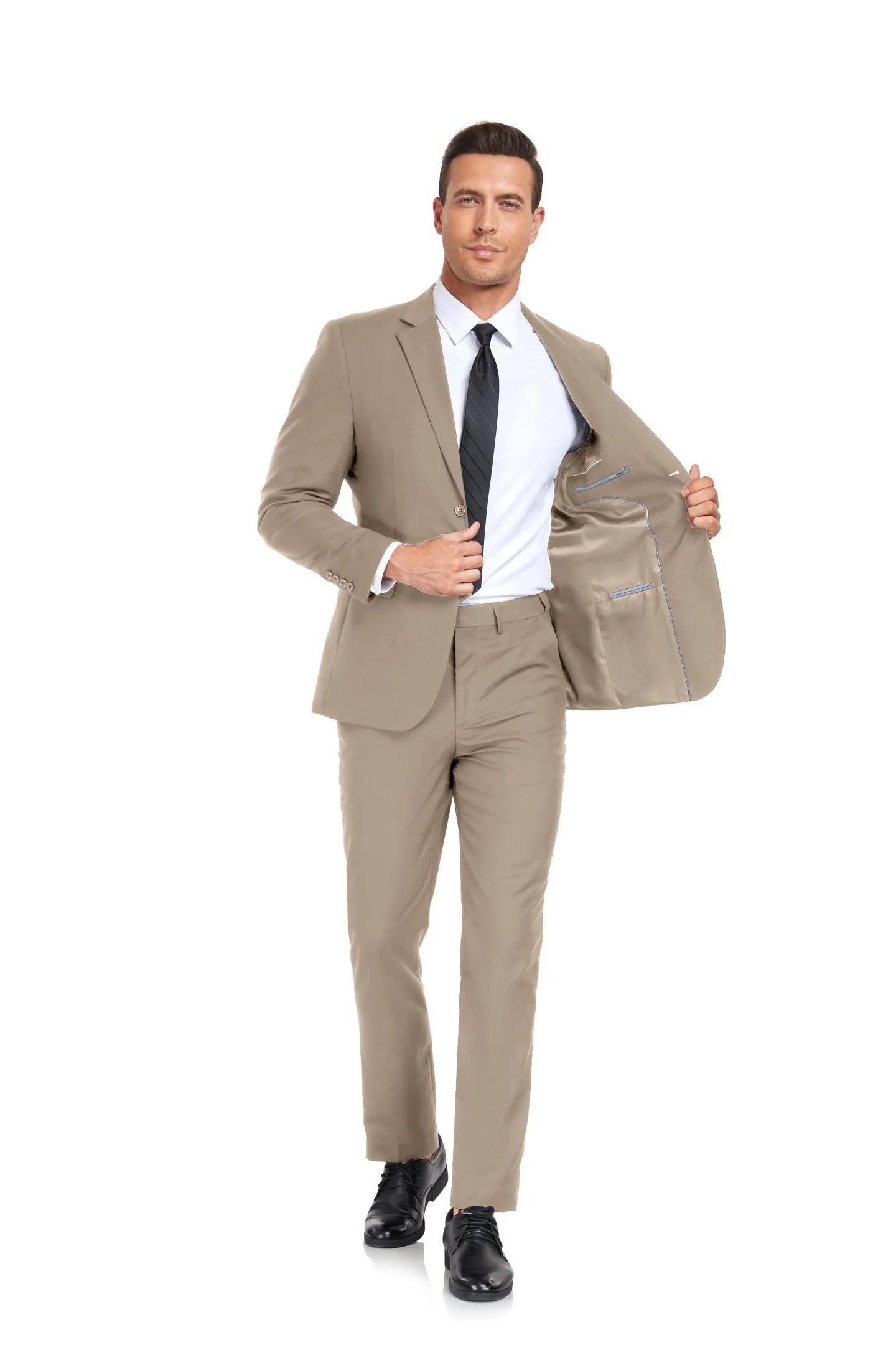 two button champagne men's suit with white shirt, polished 2 piece formal outfit