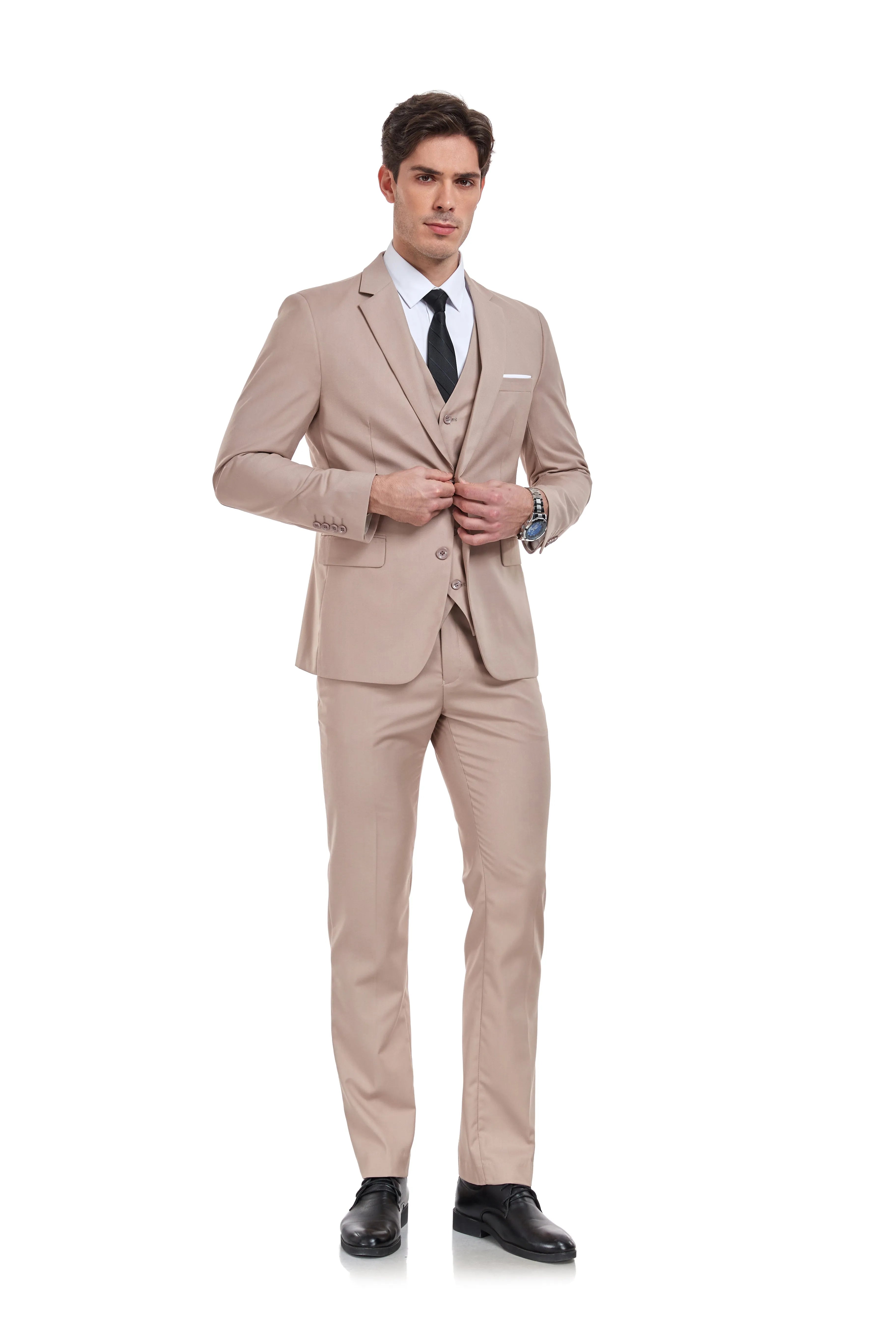 front view of champagne two button 3 piece men's suit with blazer, vest, and trousers – slim fit wedding style
