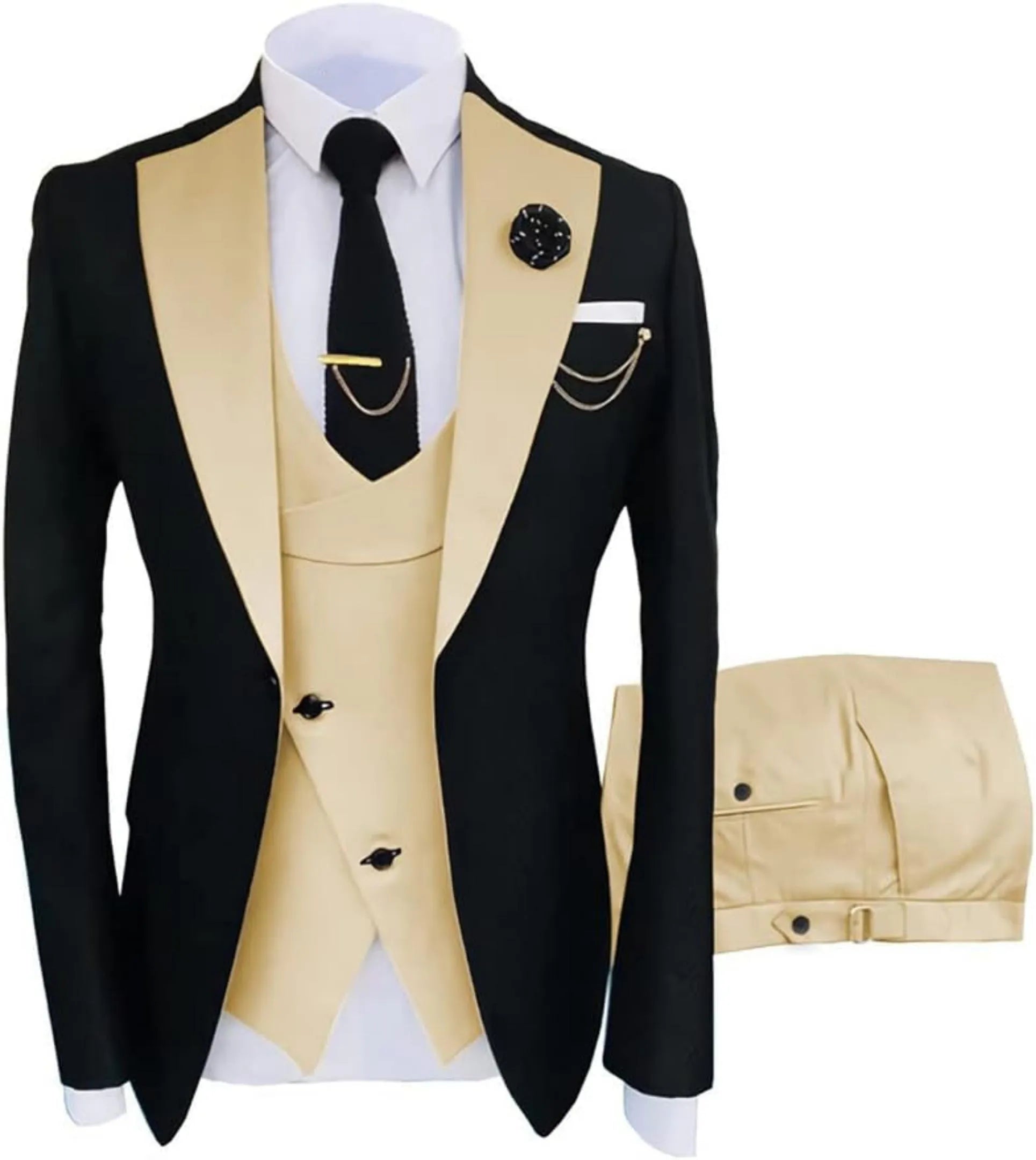 champagne and black 3 piece men's suit: black blazer with champagne satin lapel, cross champagne vest, gold chain, lapel pin and white pocket square