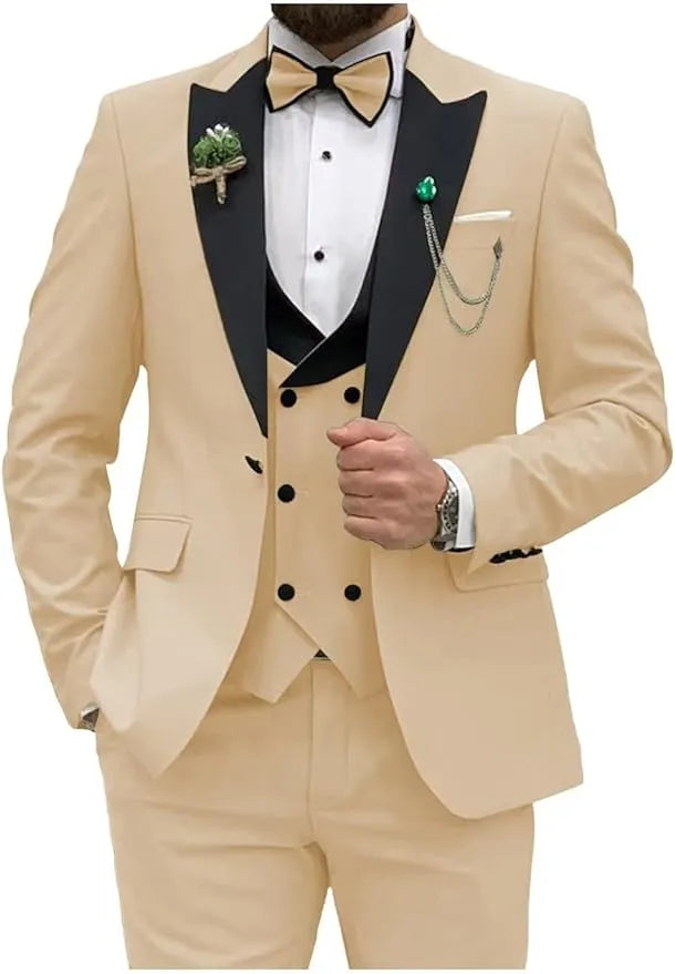 champagne double breasted 3 piece suit with black lapel – front view