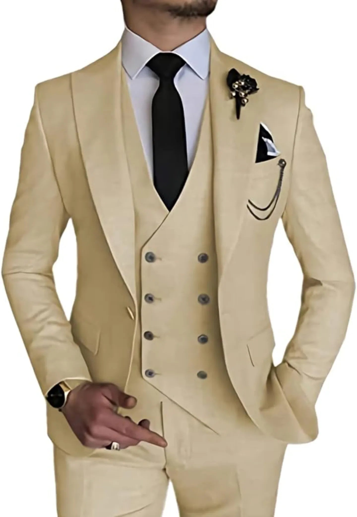 champagne double-breasted 3 piece men's suit – elegant formal attire with blazer, vest, trousers and black tie