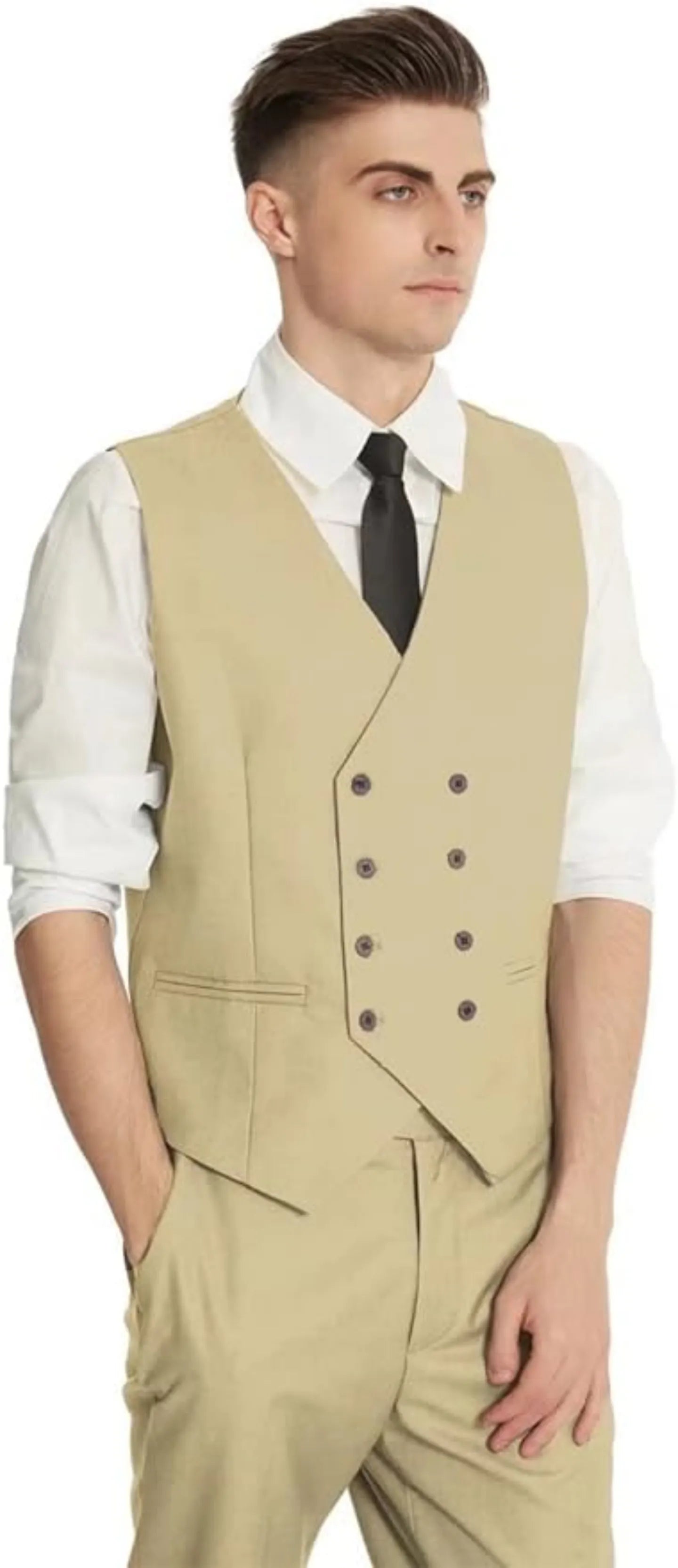men's champagne formal vest and trousers – tailored slim fit double-breasted design with white shirt and black tie