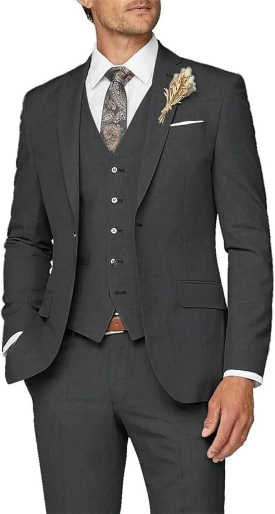 charcoal grey 3 piece suit for men: formal wedding prom outfit with slim blazer, vest, trousers & lapel flower