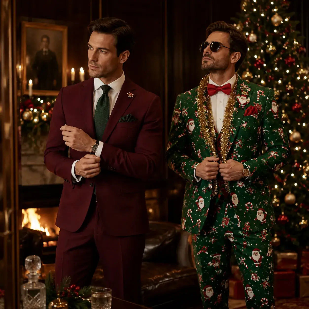 Man in a refined burgundy suit standing beside an overly festive Christmas novelty suit at a holiday party.