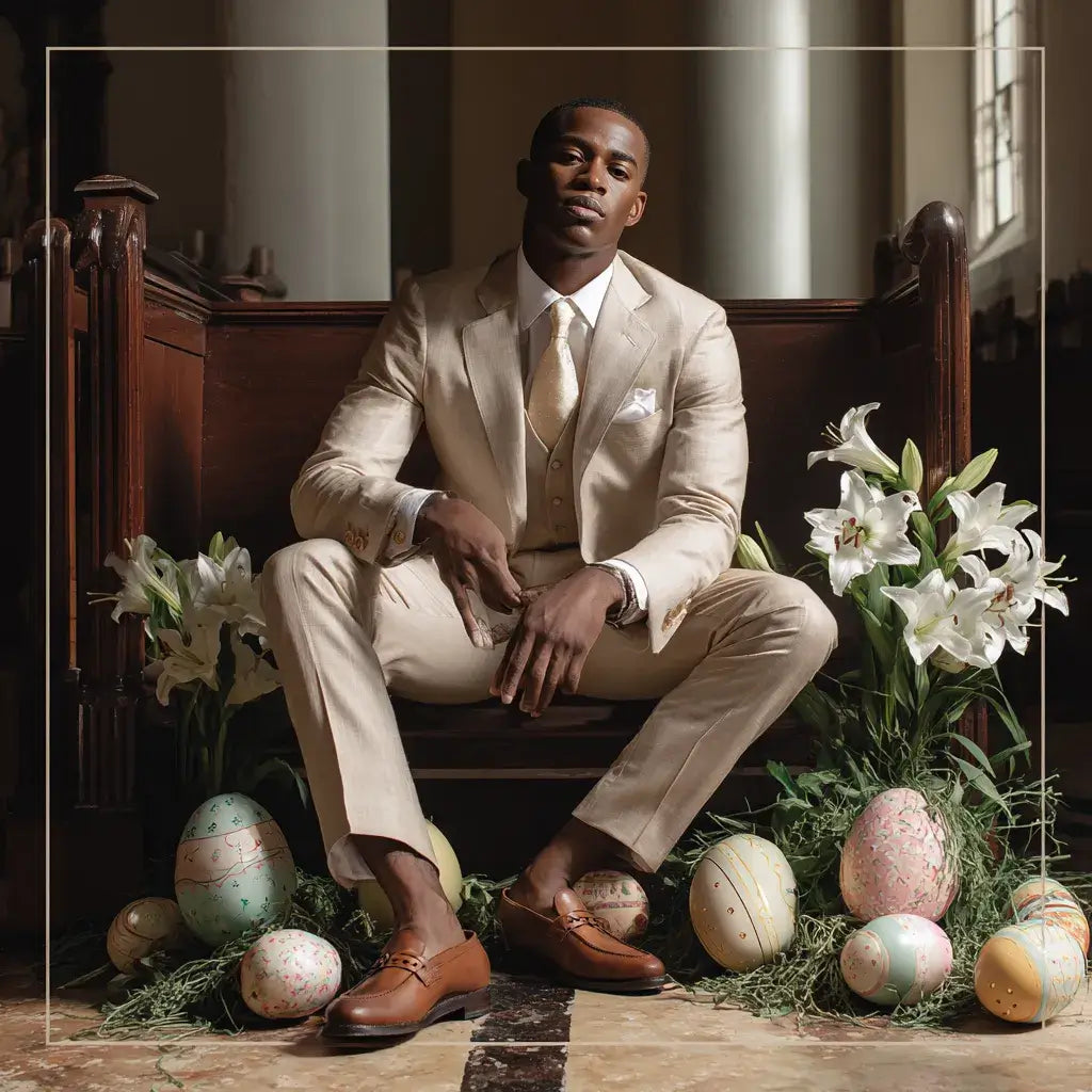 Man wearing a refined Easter Sunday church outfit with a light suit, white shirt, brown loafers, white lilies, and decorated Easter eggs.