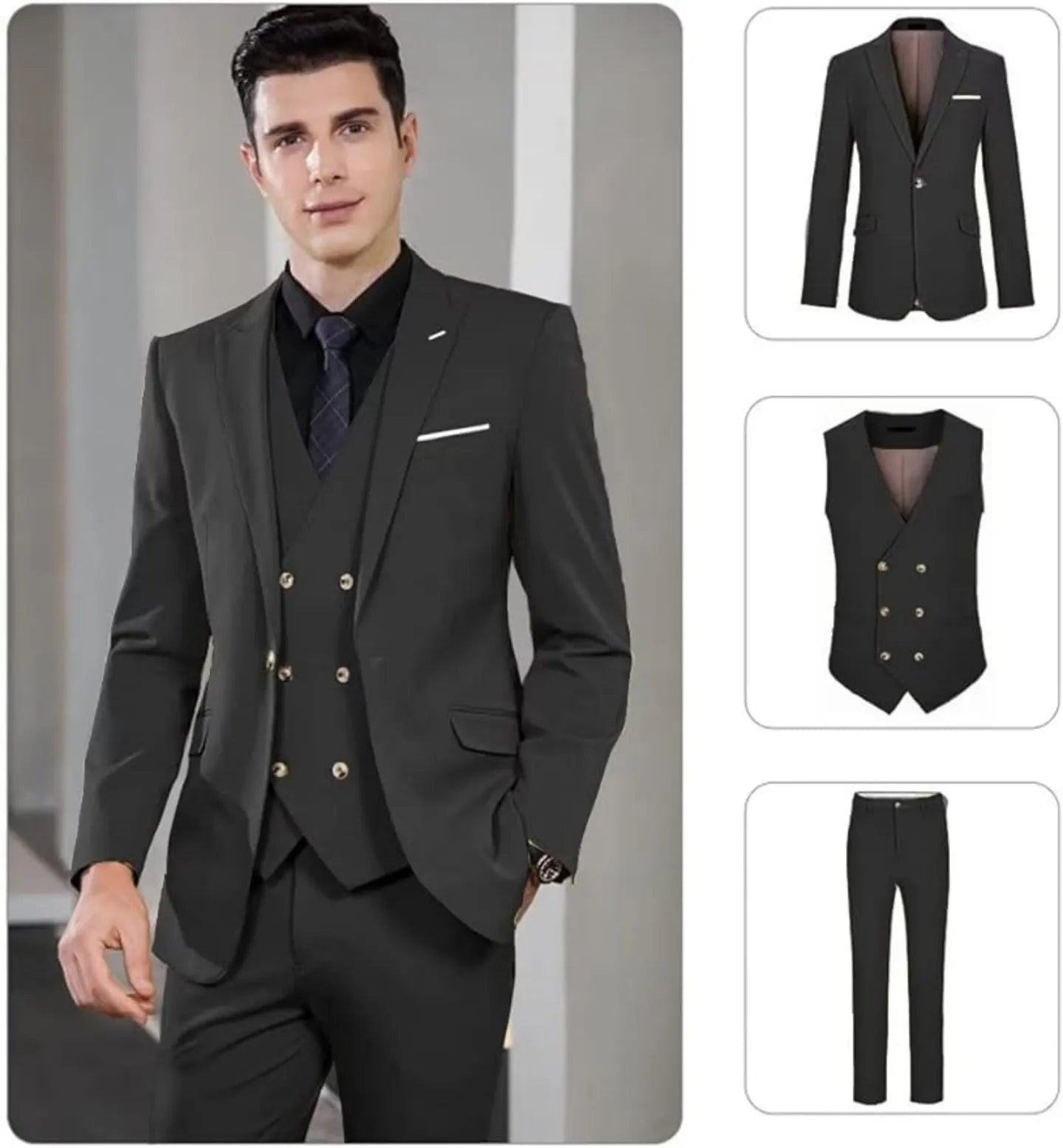 men's classic black double-breasted 3 piece suit – blazer with peak lapel, buttoned vest, and matching pants