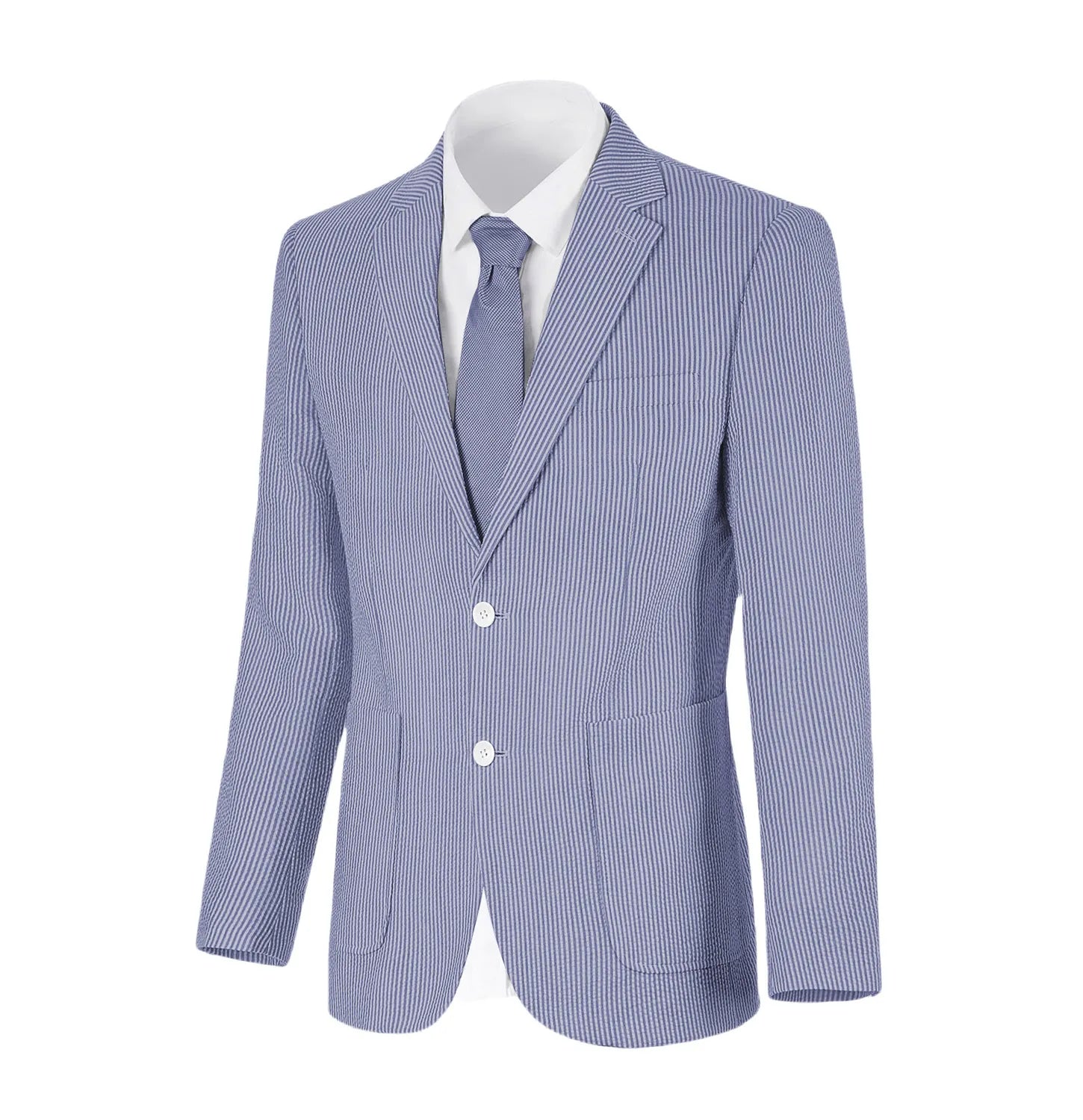 Classic blue-and-white striped seersucker blazer with notch lapel and front button design.