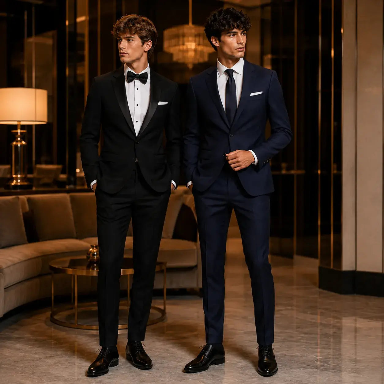Two men wearing classic black and modern navy slim-fit prom suits in an upscale indoor lounge, showing tailored fit, style, and polished accessories