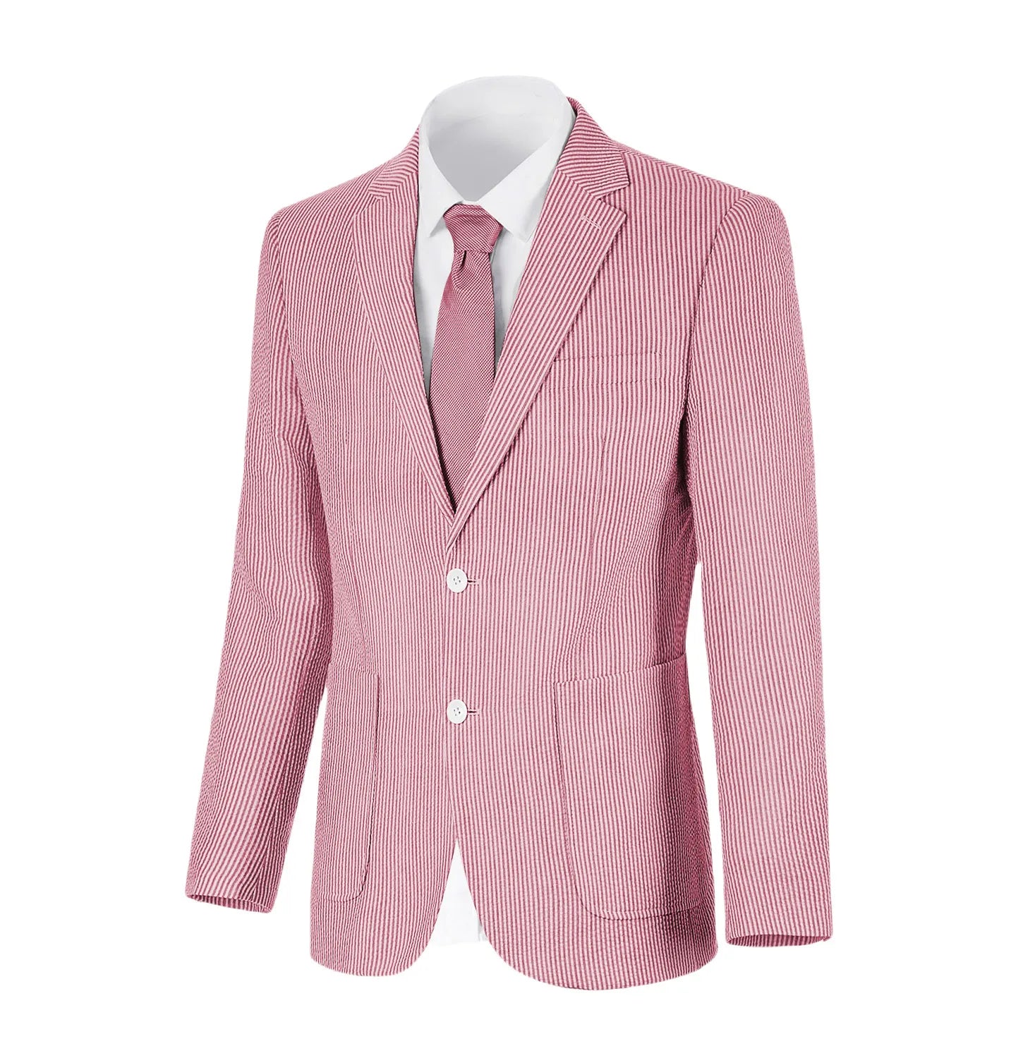 Classic red-and-white striped seersucker blazer with summer tailoring for a refined look.