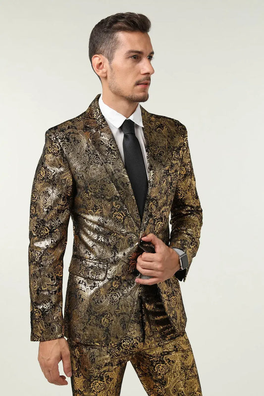 Close-up side view of men's gold patterned velvet blazer – brocade texture with notch lapel from 3 piece prom tuxedo set