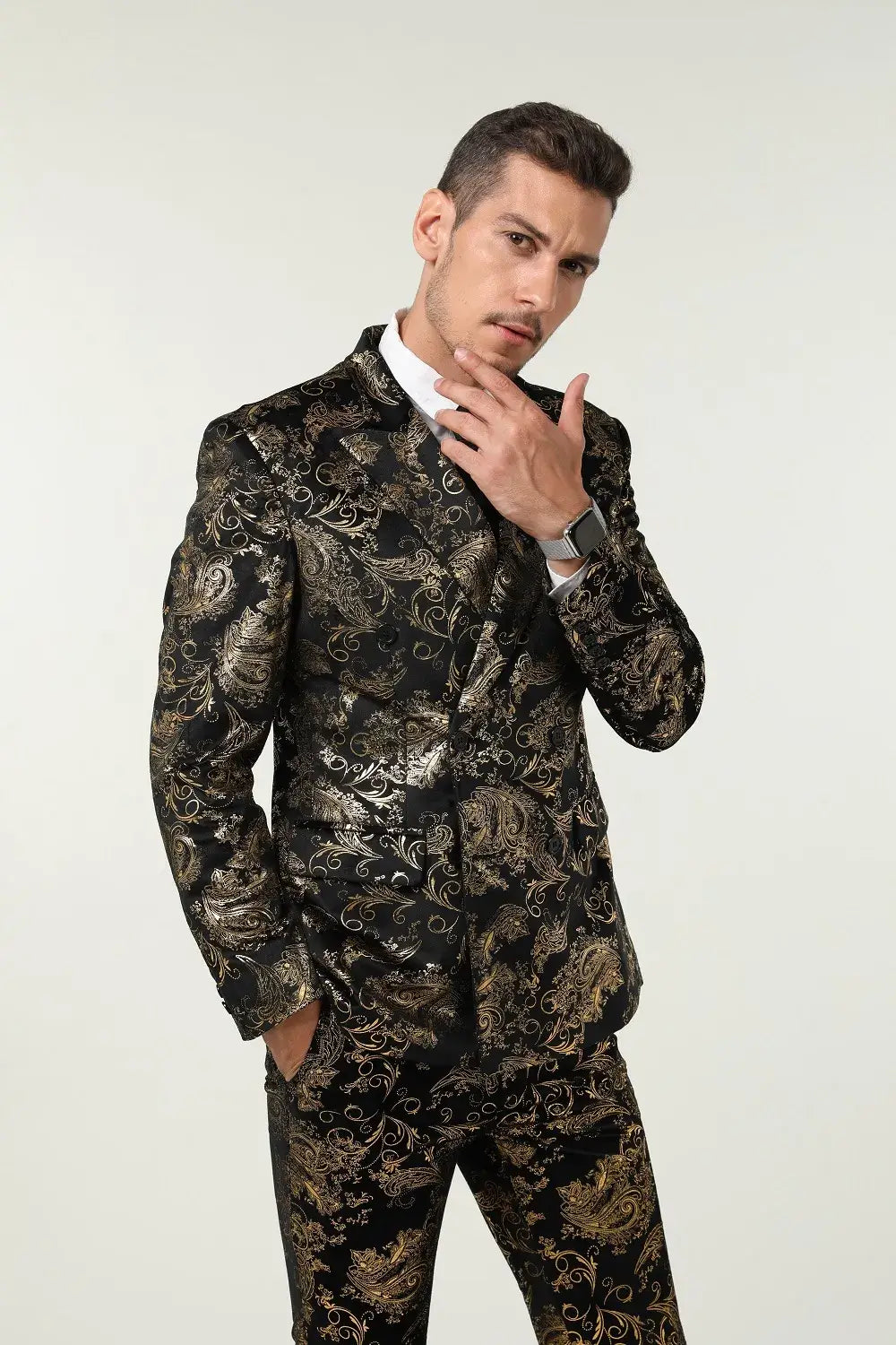 Close-up of men's gold floral suit blazer – statement piece for weddings or parties