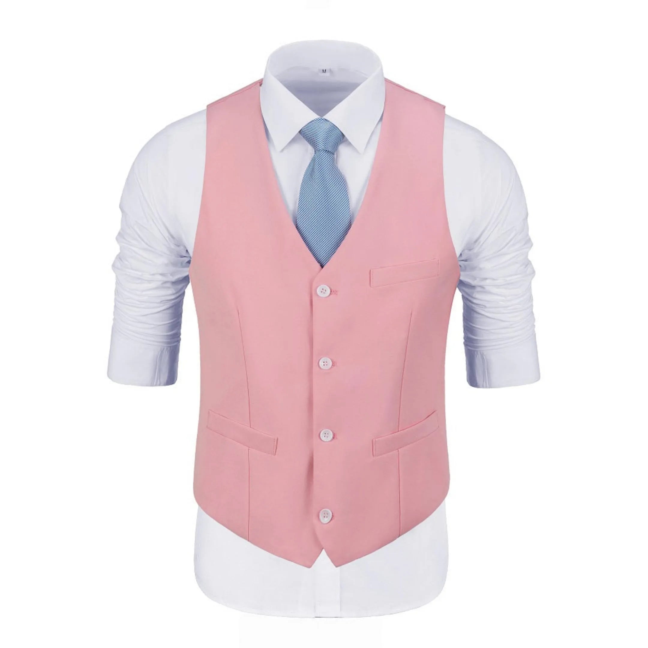 men's pink 3-piece suit – close-up of the jacket with a light blue tie and white shirt, perfect for weddings.
