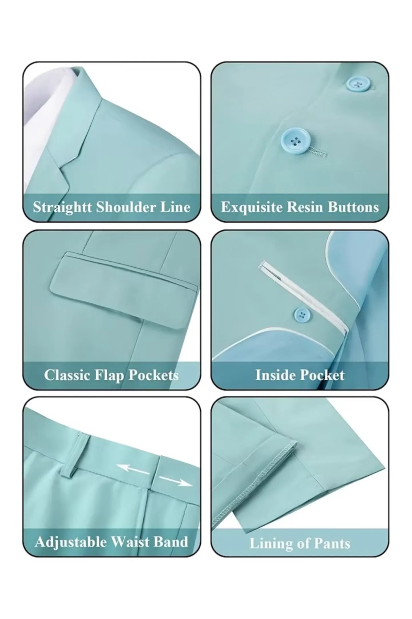 close-up of mint green suit, highlighting the sleek shoulder line, resin buttons, and adjustable waistband, showcasing the tailored design.