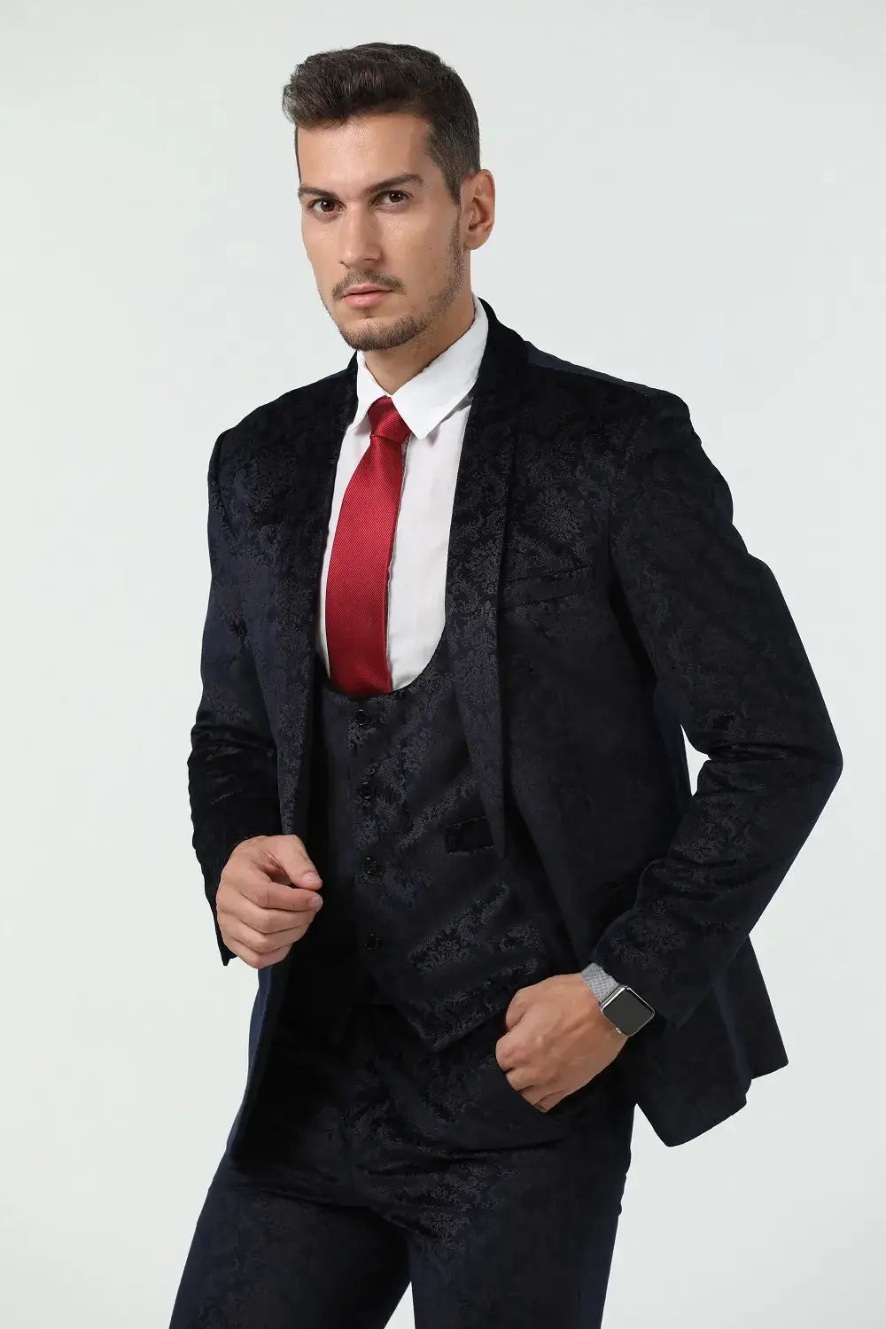 Close-up of navy floral patterned blazer from men's prom suit – refined party statement piece