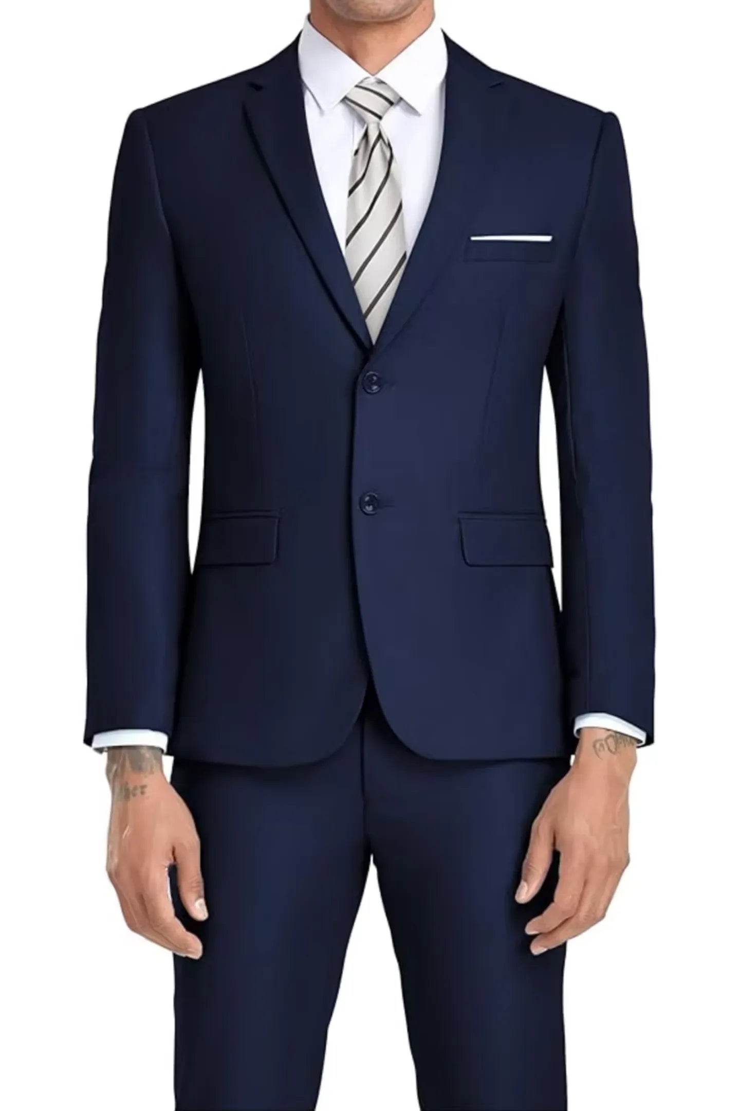 close-up of navy blue suit jacket with two buttons – sharp modern design, perfect for weddings or professional office settings.
