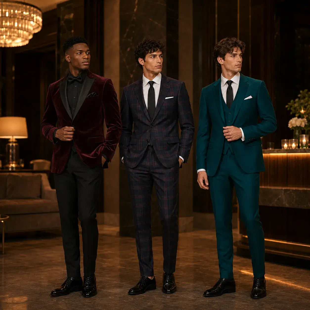 Three men wearing burgundy velvet, plaid, and emerald colorful prom suits in an upscale indoor lounge.