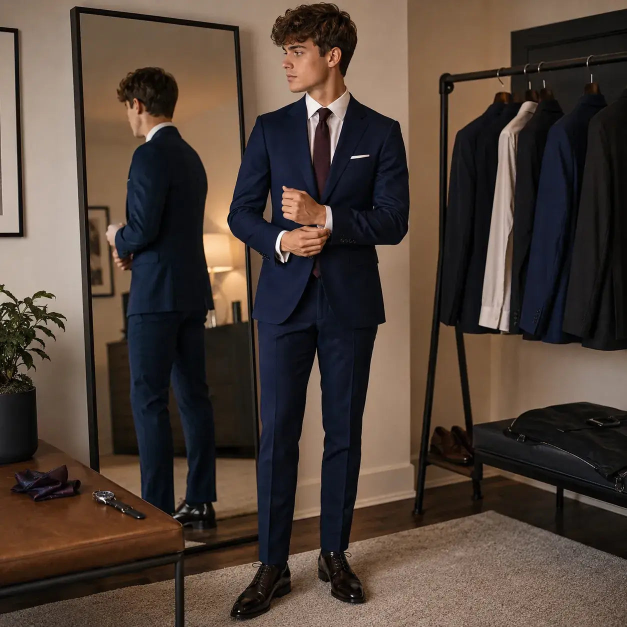Young man checking the fit of a navy Homecoming suit in a full-length mirror before the dance.
