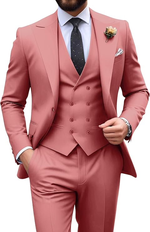 coral slim fit 3 piece groom suit with peak lapel blazer, double breasted vest and pants for modern wedding style