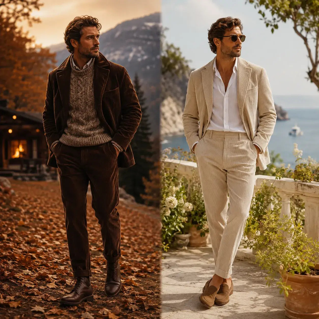 Men wearing dark winter corduroy and light summer corduroy suits in a seasonal style comparison.