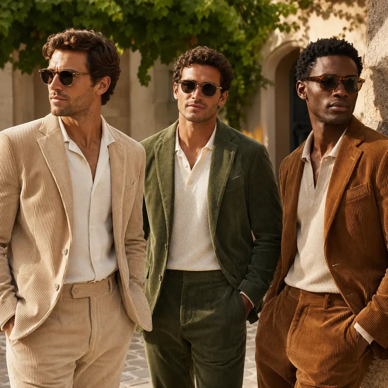 Men wearing beige, olive green, and brown corduroy suits for spring and summer style.