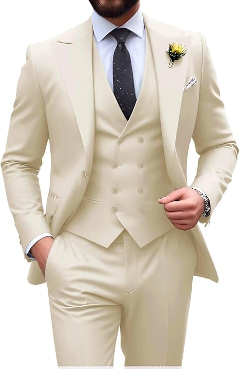 Men’s cream tuxedo set with tailored fit blazer, formal vest, and dress pants – ideal for casual weddings or prom