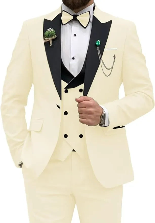 cream slim fit tuxedo suit for prom with chain and boutonniere