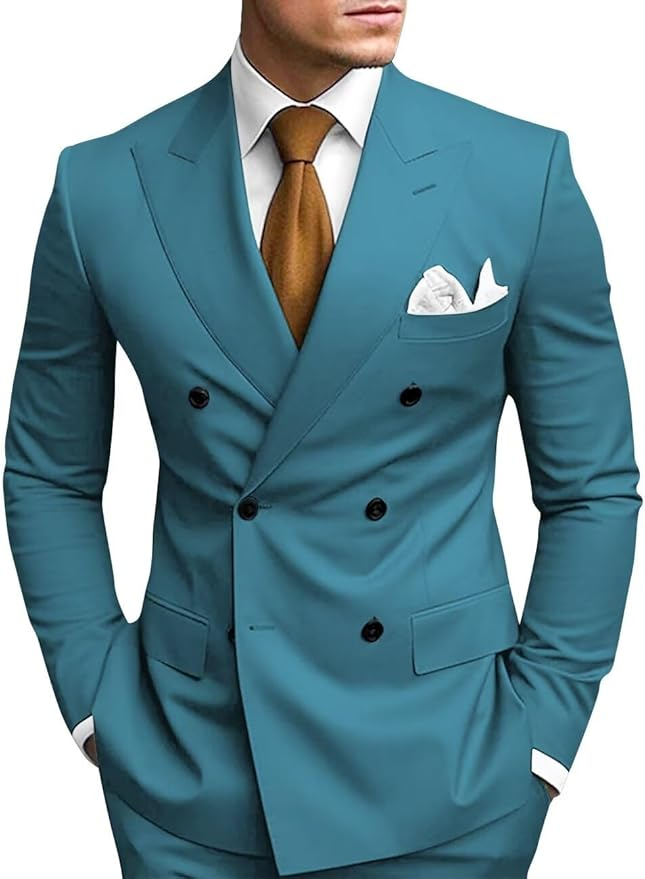 Teal Blue double breasted 2 piece slim fit men’s suit with peak lapel – wedding or business formalwear