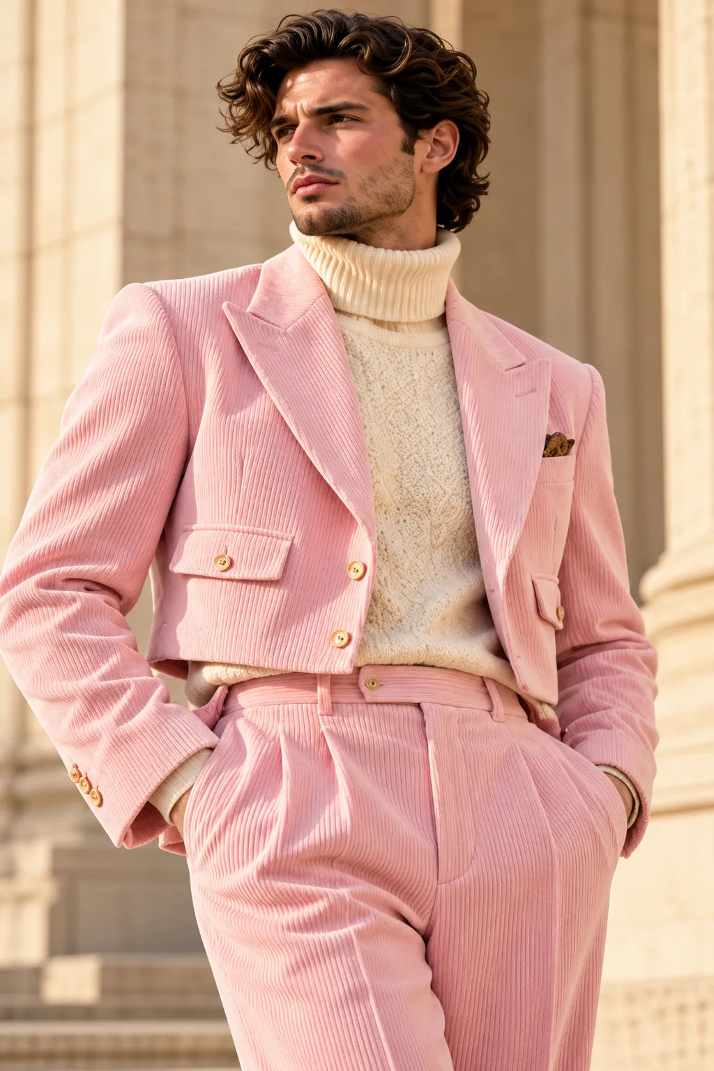 Men's Corduroy Cropped Blazer Wide Leg 2 Piece Suit