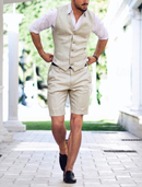 Linen Summer Suits 2 Piece Causal Men Suits Vest and Shorts Tailored Fit 2024