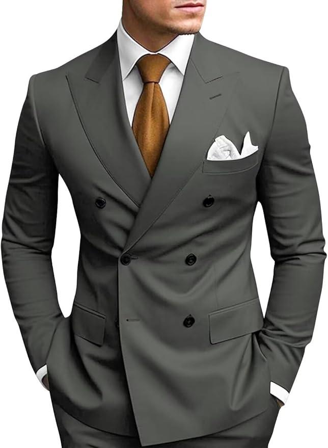 Grey double breasted 2 piece slim fit men’s suit with peak lapel – wedding or business formalwear