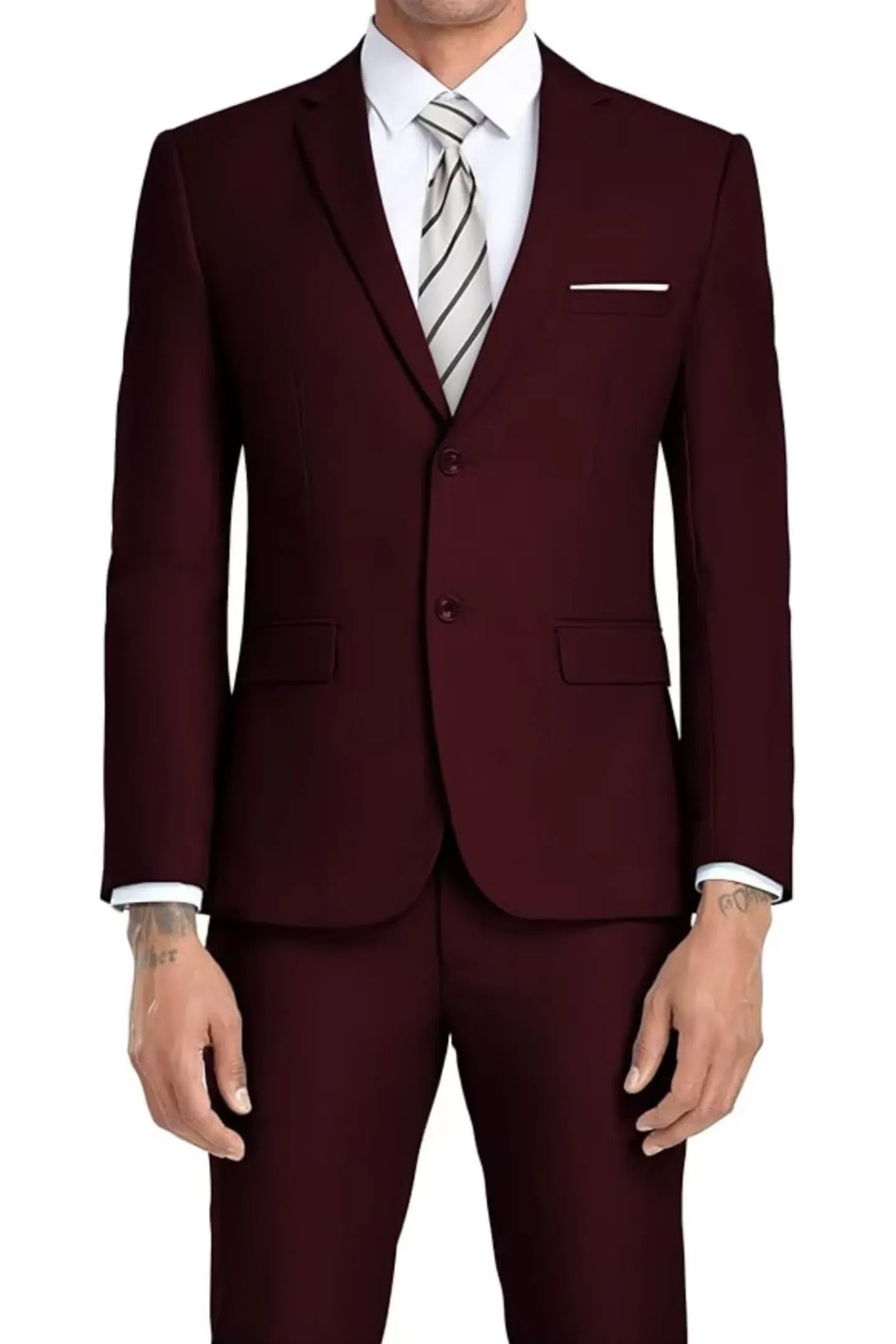 bold and elegant dark burgundy 2-piece suit for men – showcasing a sleek tailored look for sophisticated event dressing and formal occasions.