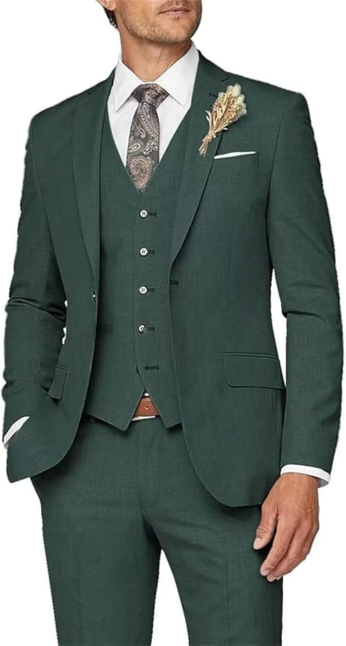dark green 3 piece suit for men: formal wedding prom outfit with slim blazer, vest, trousers & lapel flower