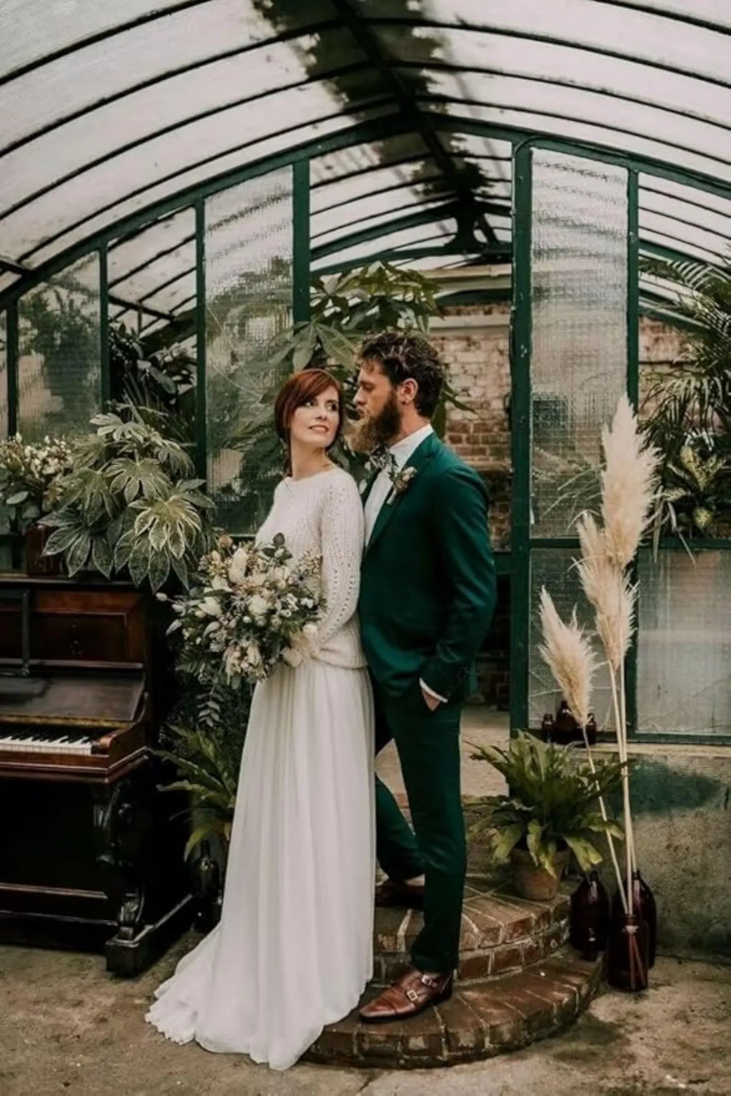 rustic groom in dark green formal wedding suit – romantic garden ceremony with bride in white dress