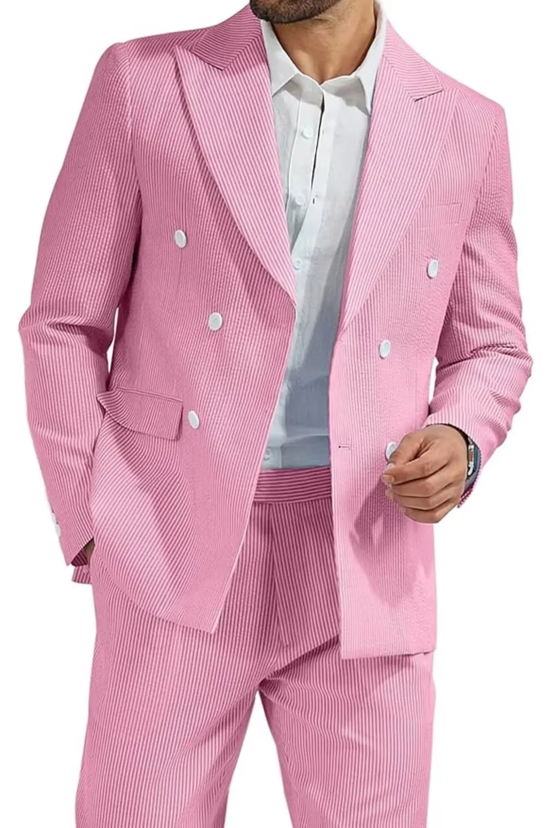 full-body view of model wearing dark pink seersucker double-breasted suit with sunglasses – a stylish summer look.