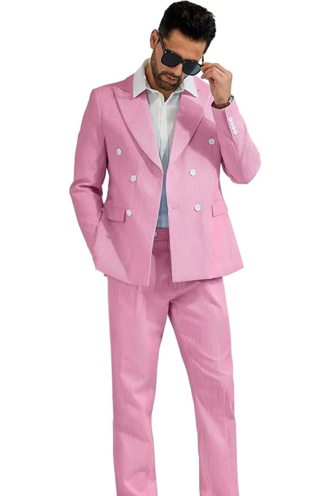 close-up of men's dark pink seersucker suit fabric – showing fine texture and stripe pattern on blazer.