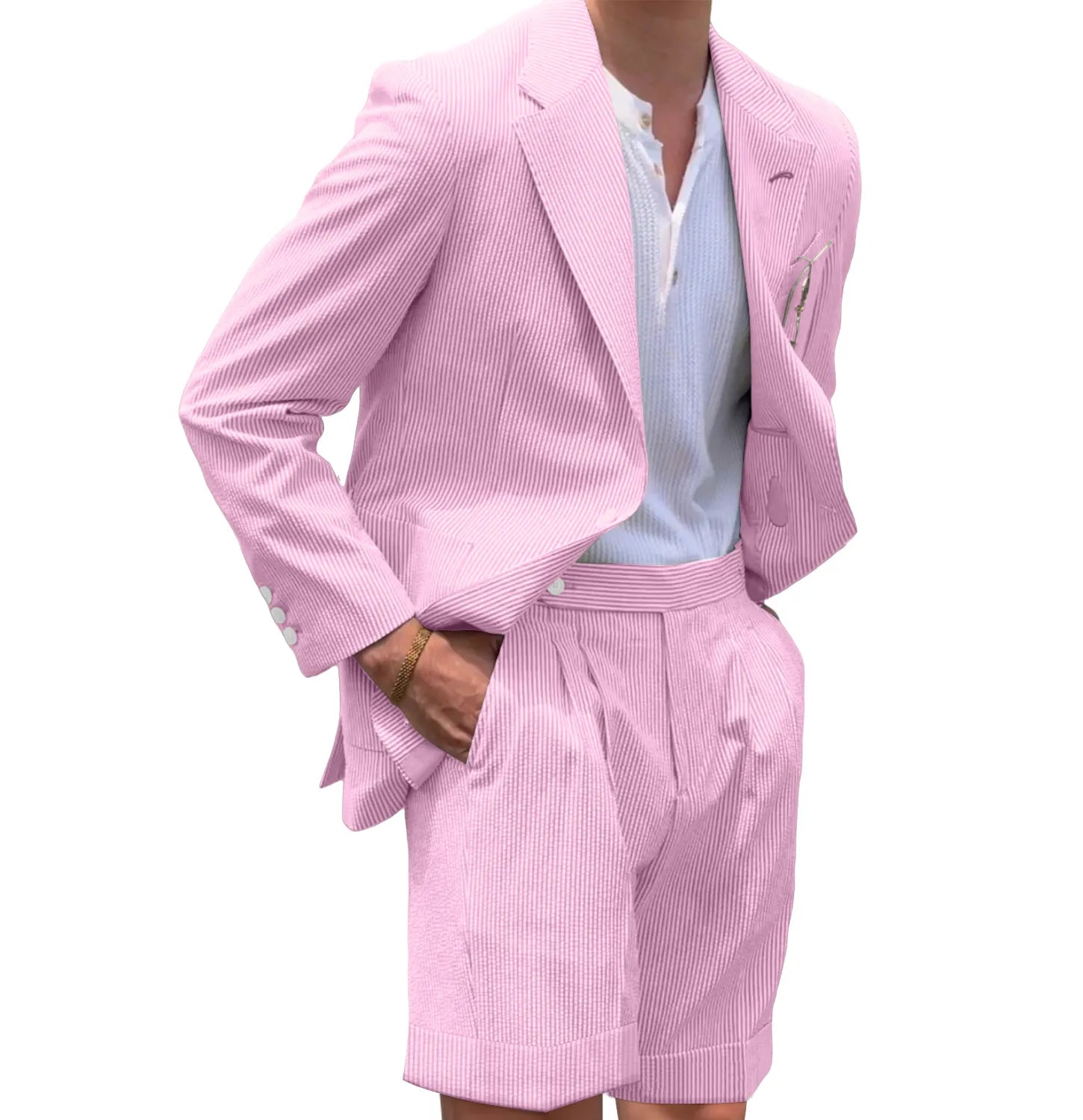 Dark pink striped seersucker shorts suit for men – casual 2 piece summer outfit with blazer