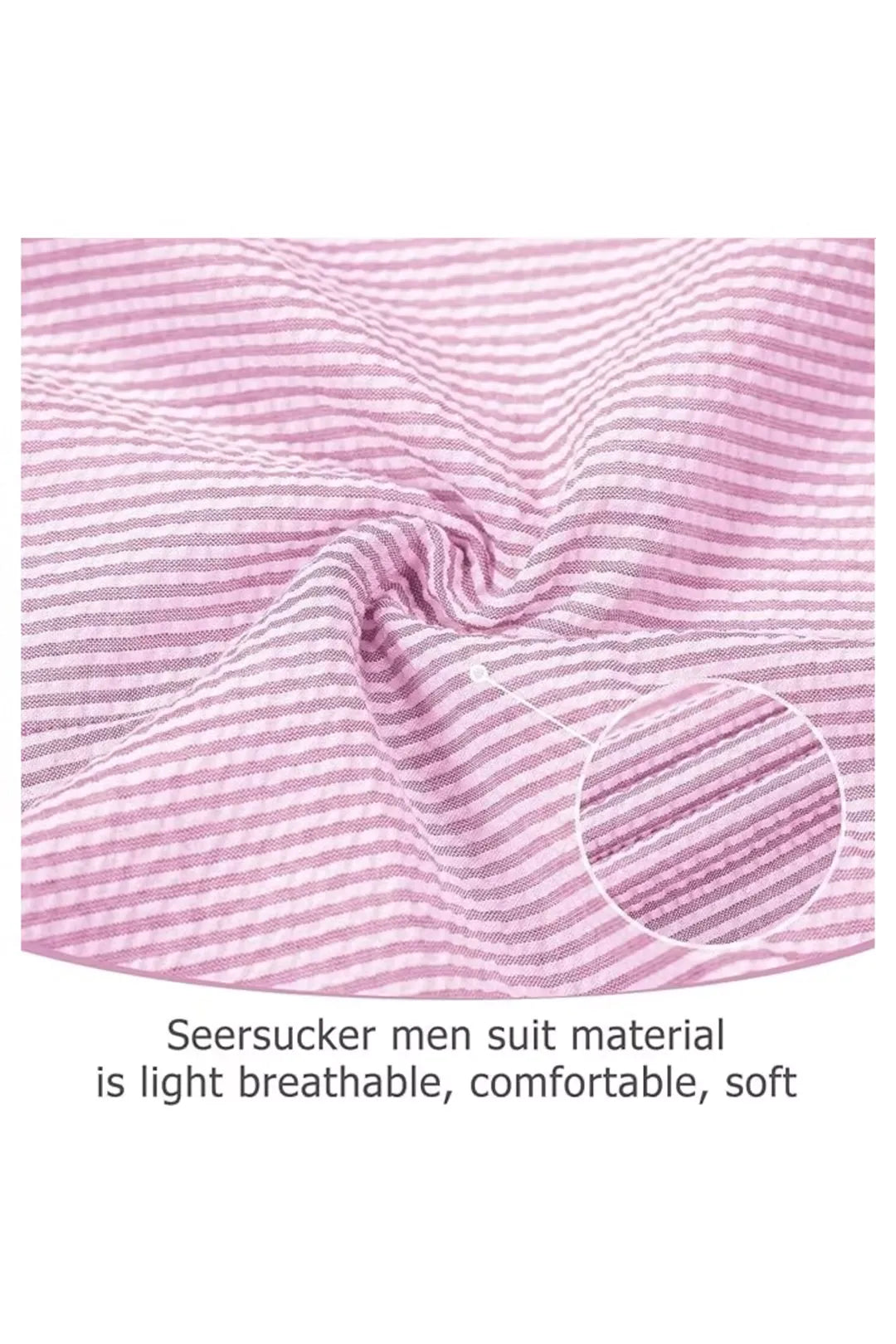Close-up of dark pink-and-white seersucker fabric texture, featuring soft and breathable stripes.