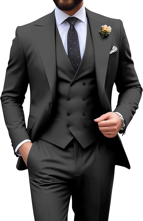 Men’s dark grey tuxedo set with tailored fit blazer, formal vest, and dress pants – ideal for casual weddings or prom