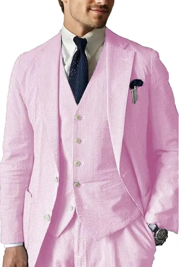 Dark pink seersucker wedding suit for men – 3 piece summer blazer vest set