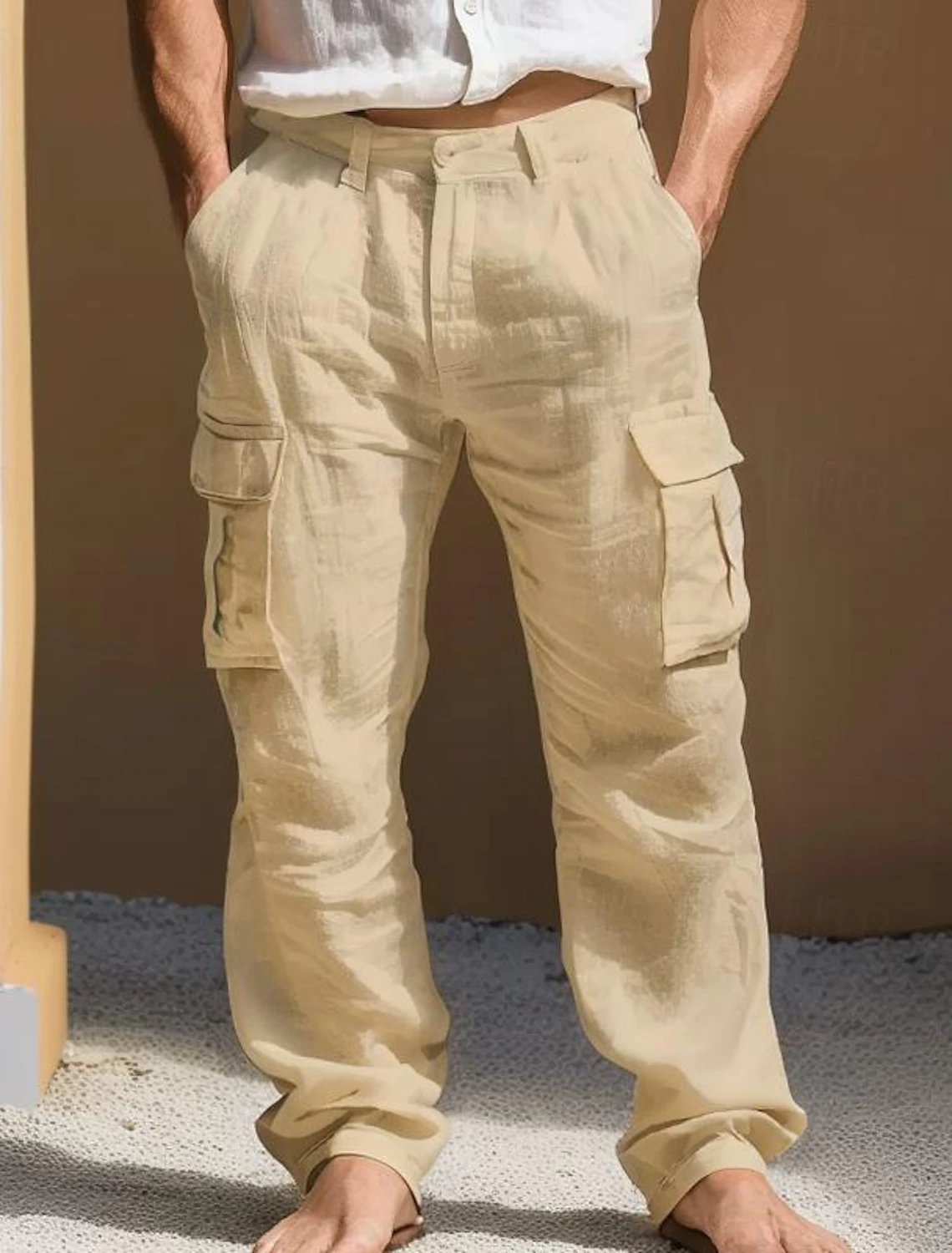 Lightweight khaki popover shirt for summer daily wear – breathable linen fabric