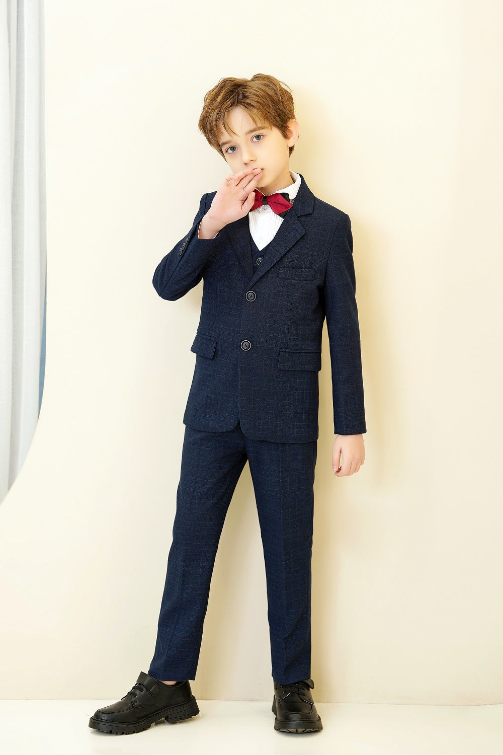 Navy Plaid Elegant Formal 5 Piece Boys Suits