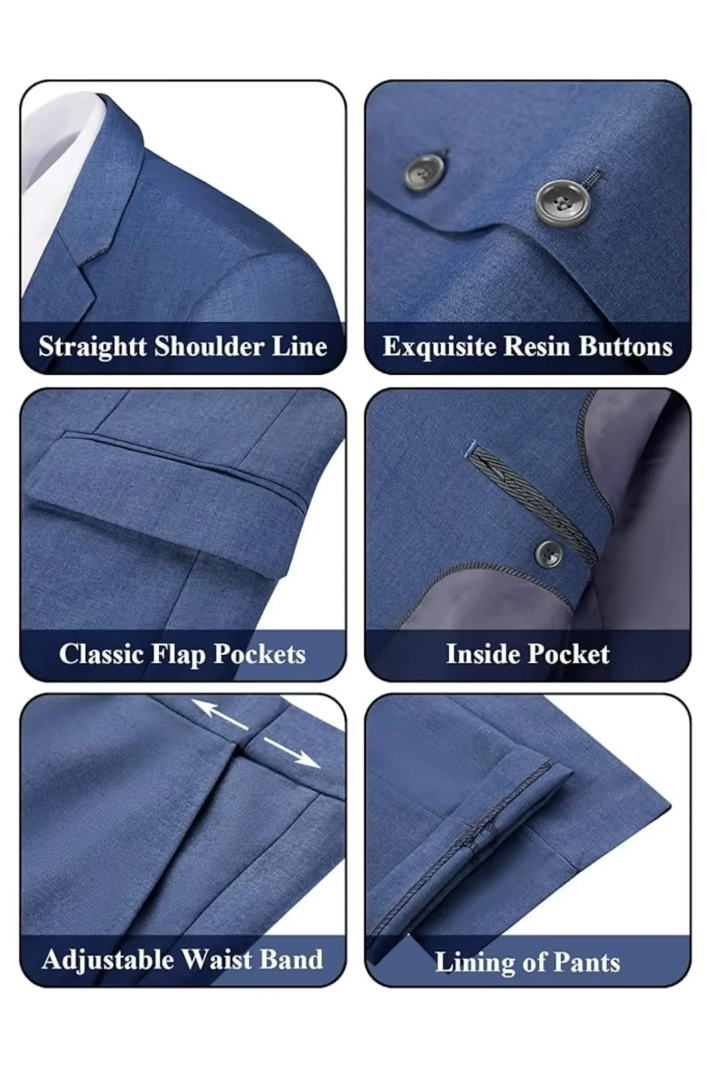 detail view of denim blue suit craftsmanship, highlighting resin buttons, waistband adjusters, and flap pockets for a tailored, stylish finish.