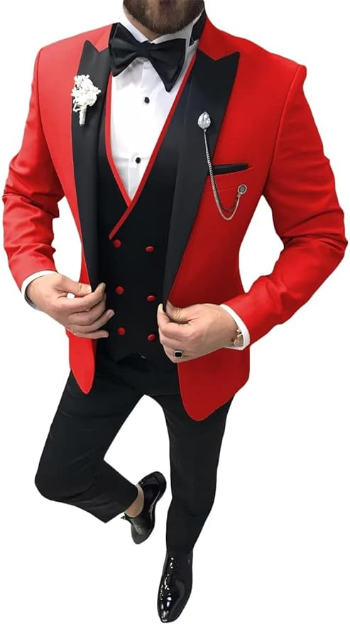 Men's Red wedding tuxedo 3 piece suit with satin lapel – elegant prom dinner outfit